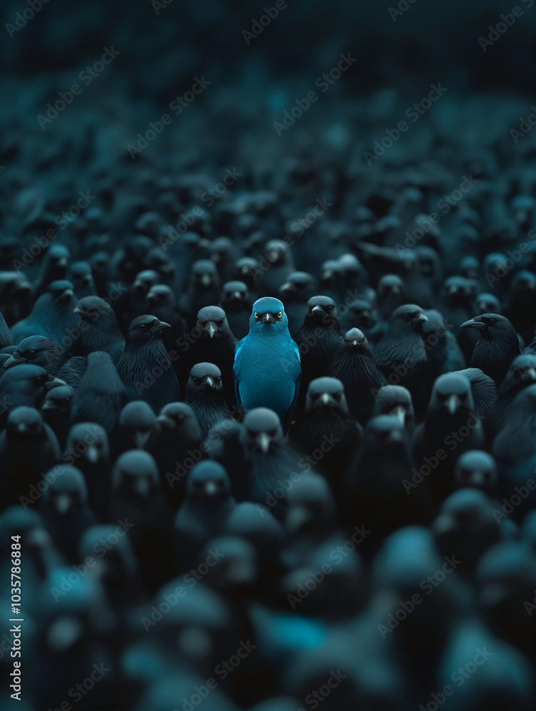 Obraz premium a single blue bird surrounded by a bunch of black birds