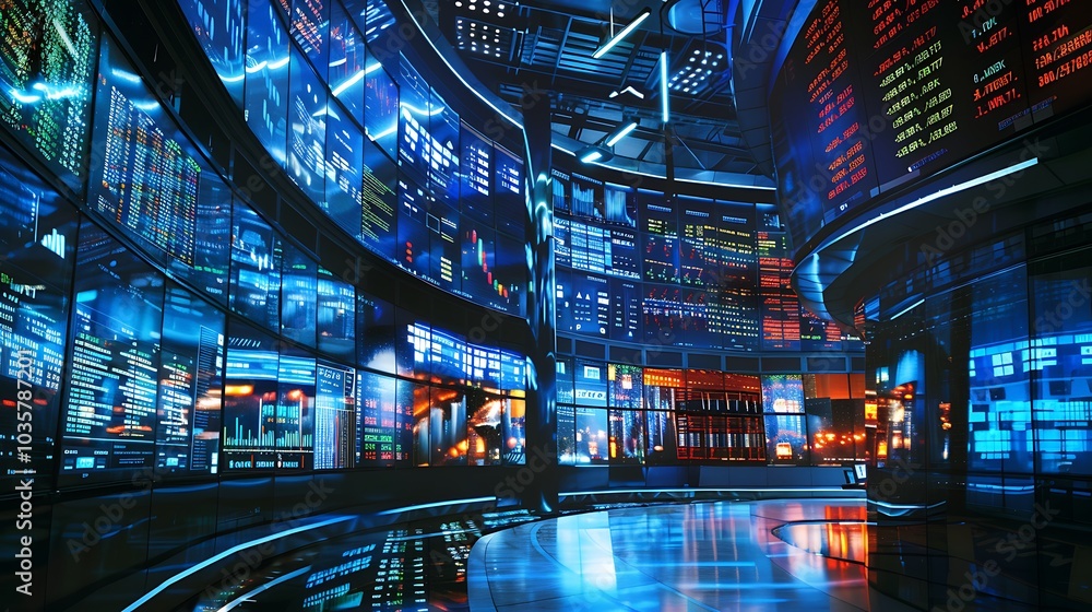 A futuristic trading floor filled with screens displaying data and stock prices. A futuristic trading floor filled with screens displaying data and stock prices.