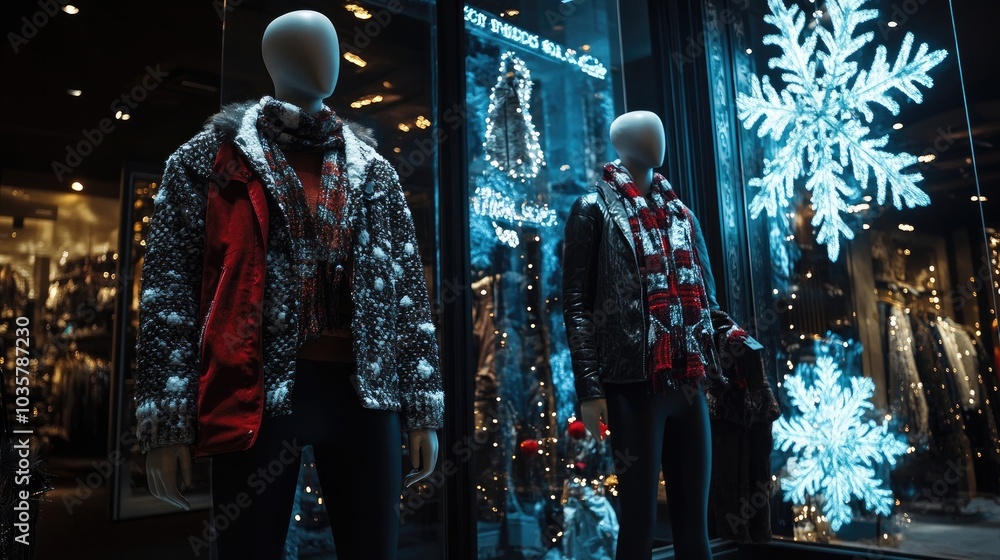 Elegant, shiny mannequins showcasing winter fashion in a dark store with Black Friday banners Elegant, shiny mannequins showcasing winter fashion in a dark store with Black Friday banners