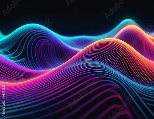 Exuberant flow of the purple, pink, orange, and blue fluid light waves on the dark horizontal background. Author Artist Nadia Russ.	    waves of light