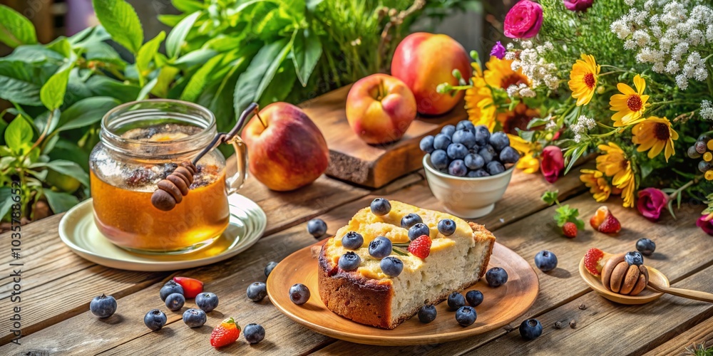 Outdoor Table Setting with Blueberry Coffeecake, Peaches, and Honey for Stylish Summer Brunch Outdoor Table Setting with Blueberry Coffeecake, Peaches, and Honey for Stylish Summer Brunch