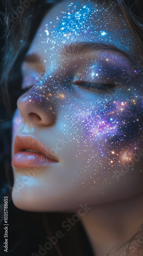 woman cosmic galaxy makeup, stars and moon, Halloween, esotericism astrology tarot divination. Banner copy space photo