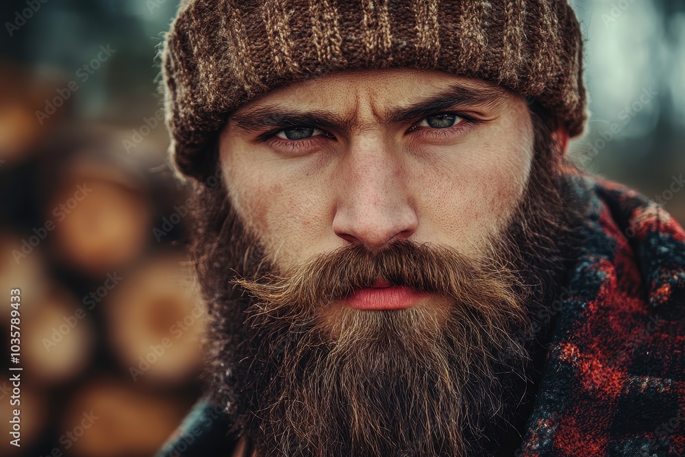 tough looking bearded men with beanie, lumberjack. background of lumber tough looking bearded men with beanie, lumberjack. background of lumber