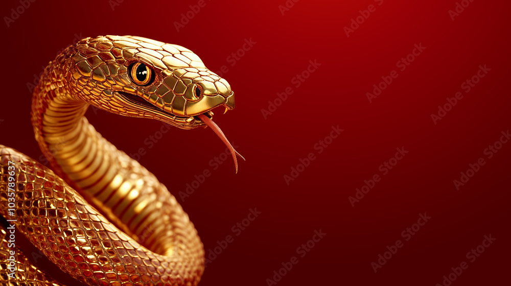 Fototapeta premium golden snake on red background for chinese new year, generative ai