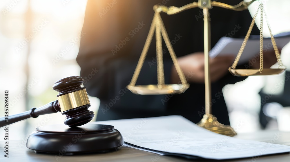 Close-up of a gavel with judge holding paperwork in the background, illustrating the concepts of law, justice, and legal rulings Close-up of a gavel with judge holding paperwork in the background, illustrating the concepts of law, justice, and legal rulings
