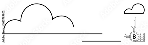 Minimalistic design showcasing a large cloud and smaller cloud with a Bitcoin symbol and circuit connections. Ideal for technology, cryptocurrency, cloud computing, data storage, and finance. Simple