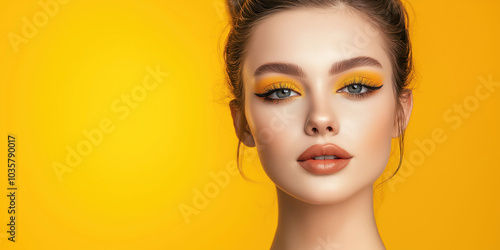 Vibrant beauty portrait with bold yellow makeup on bright background