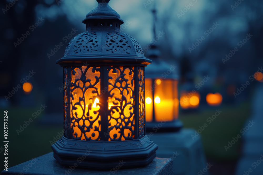 Decorative Glass Lanterns with Candles on Graves Decorative Glass Lanterns with Candles on Graves