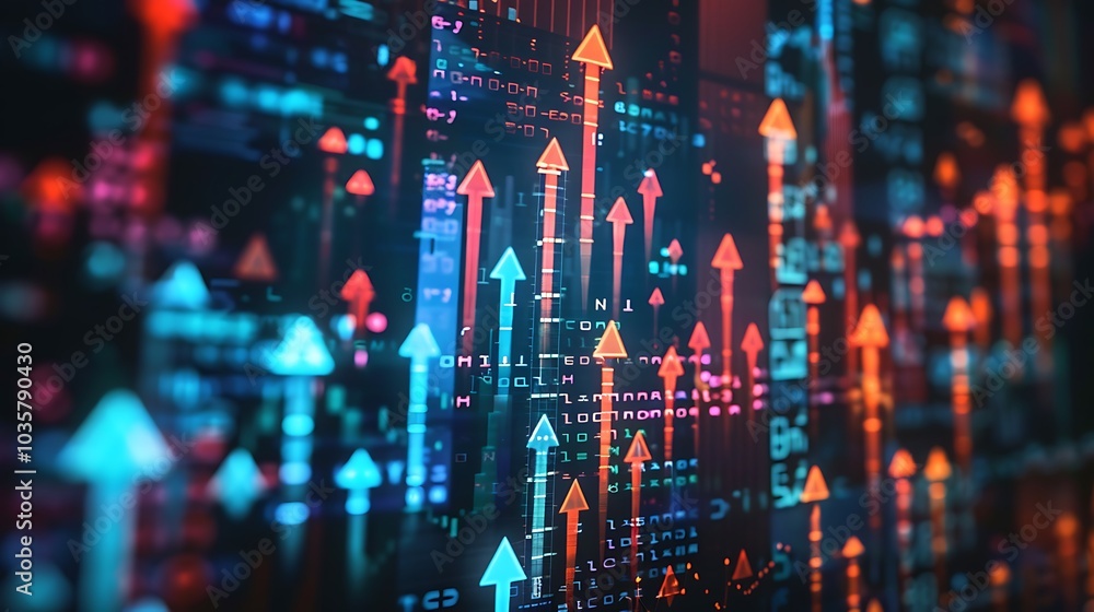 Abstract digital visualization of data trends with arrows indicating growth and movement. Abstract digital visualization of data trends with arrows indicating growth and movement.
