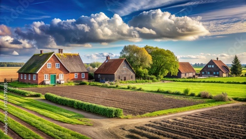 Rural landscape with fields and traditional farmhouses in Langwarder Groden Budjadingen, rural photo