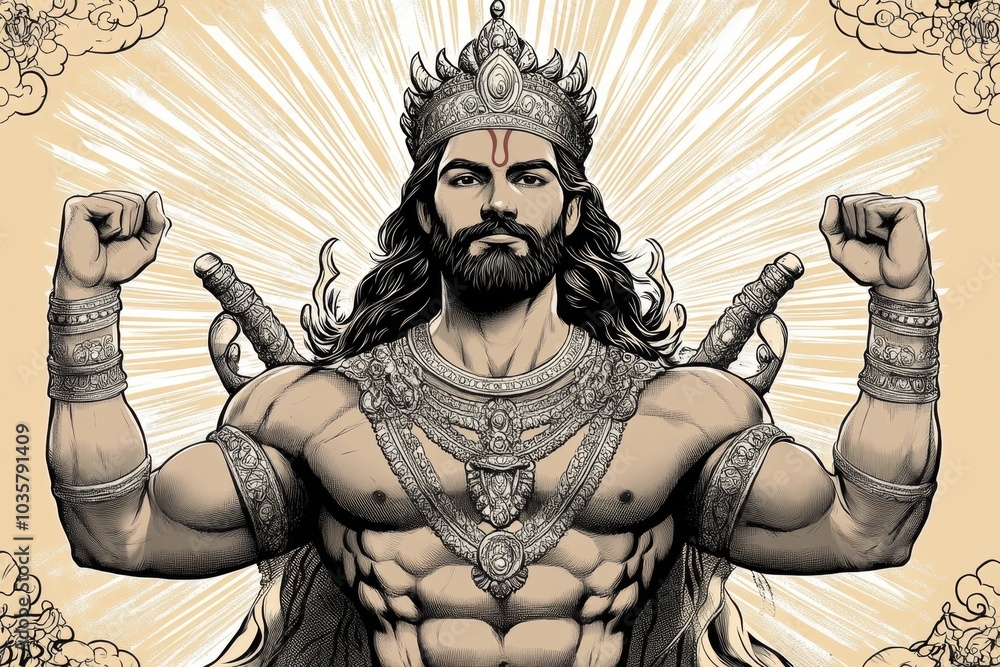Fototapeta premium An old-school illustration of Ramaâ€™s coronation, drawn in a nostalgic, hand-drawn style with muted tones