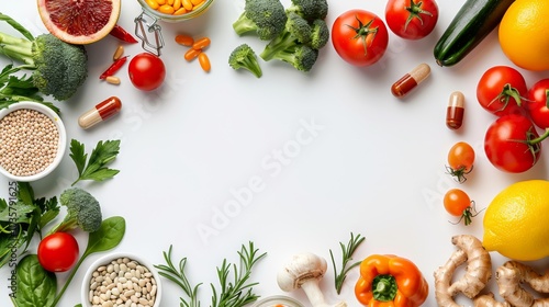 Health and Medical Frame Border Background with Fresh Vegetables, Herbs, and Supplements on White Surface
