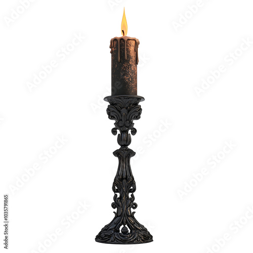 Elegant Dark Candle on Vintage Holder with Melting Wax on Transparent Background - Made with Generative AI photo