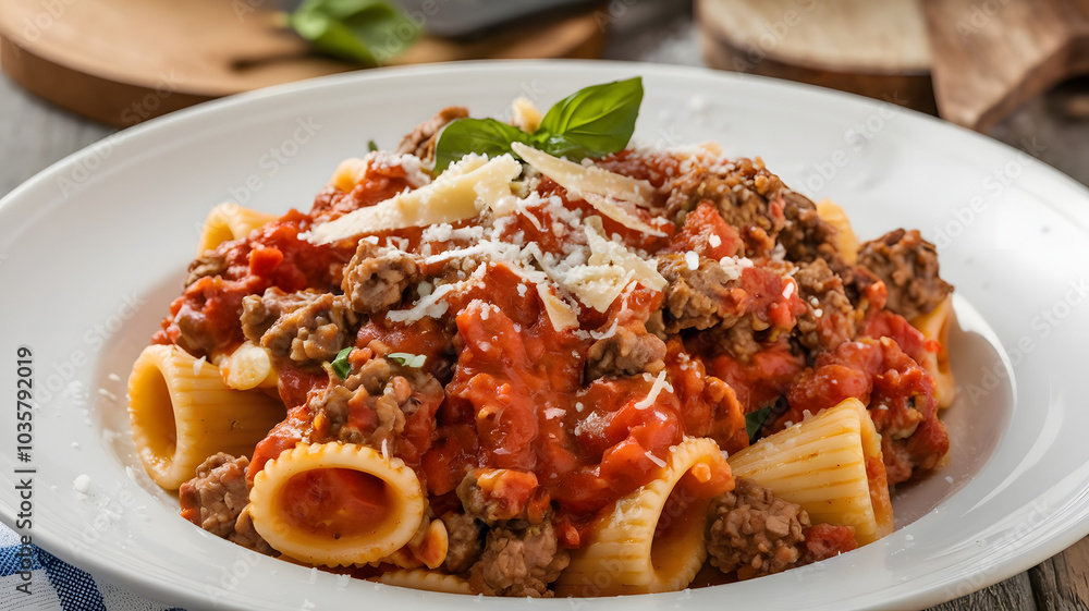 Pasta with meat: Al dente pasta coated in a rich tomato sauce with ground beef or lamb. Topped with a sprinkle of Parmesan cheese and fresh basil.
Pasta with meat: Al dente pasta coated in a rich tomato sauce with ground beef or lamb. Topped with a sprinkle of Parmesan cheese and fresh basil.