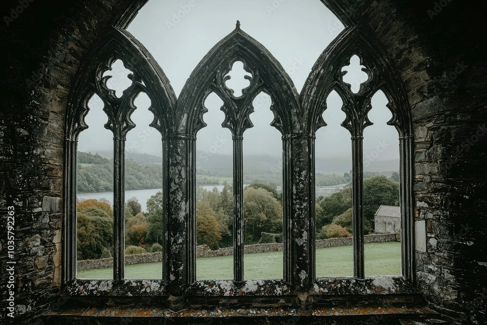 Fototapeta premium A Window View from a Stone Cathedral with a Misty Landscape