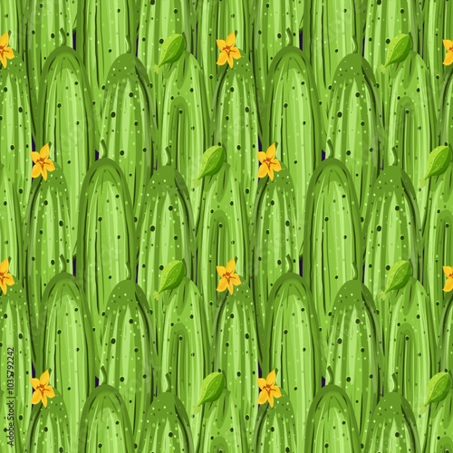 Seamless pattern of fresh cucumber, different shapes, slice, whole, half, leaf, embryo, flower. Healthy food for fabric design, packaging, stationery.