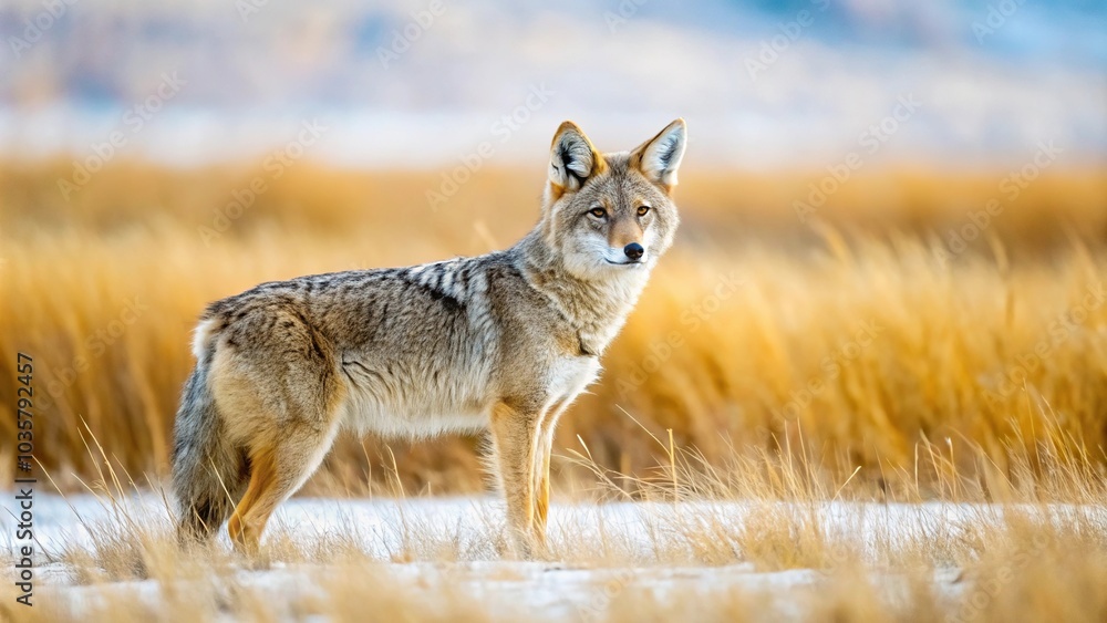 Active coyote at wildlife refuge in Colorado Active coyote at wildlife refuge in Colorado