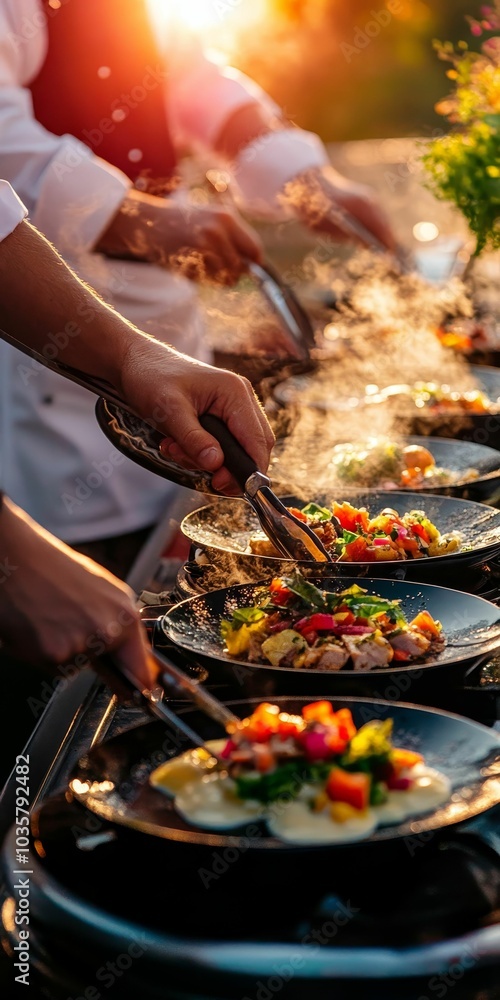 Chef serving plated food with tongs. Chef serving plated food with tongs.