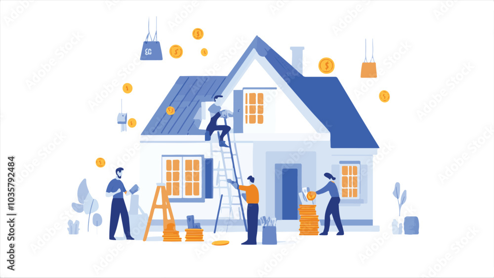 Flat illustration of people working on the exterior of a modern home, with coins and a money bag around it, against a white background.
Flat illustration of people working on the exterior of a modern home, with coins and a money bag around it, against a white background.