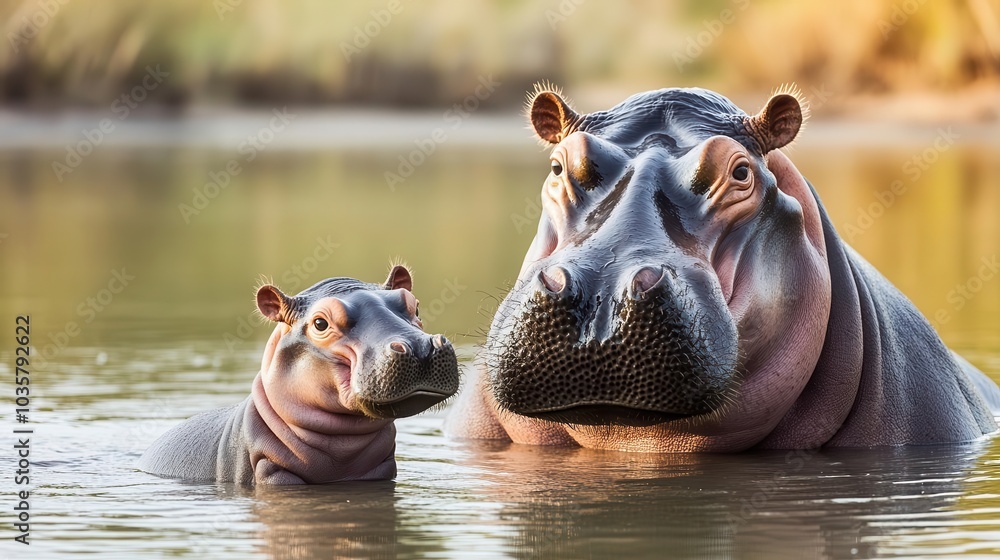 Fototapeta premium A baby hippo swimming playfully beside its mother in a shallow, clear river Sunlight filters through the water, creating dappled reflections on their bodies and the riverbed