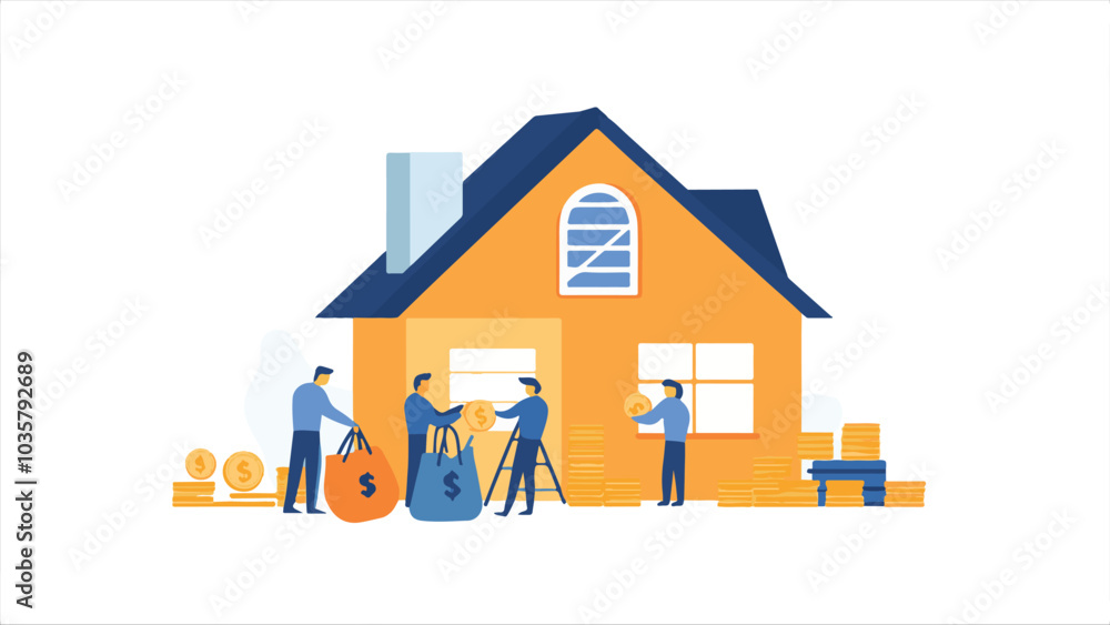 Flat illustration of people working on the exterior of a modern home, with coins and a money bag around it, against a white background.
Flat illustration of people working on the exterior of a modern home, with coins and a money bag around it, against a white background.