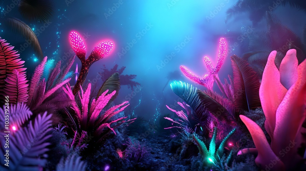 Alien jungle, mutated plants, neon bioluminescence, surreal atmosphere Alien jungle, mutated plants, neon bioluminescence, surreal atmosphere