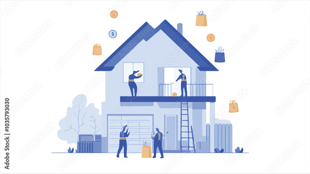 Flat illustration of people working on the exterior of a modern home, with coins and a money bag around it, against a white background.
Flat illustration of people working on the exterior of a modern home, with coins and a money bag around it, against a white background.