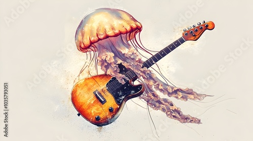 Whimsical Jellyfish Musician Playing Electric Guitar in Vibrant Pop Art Style