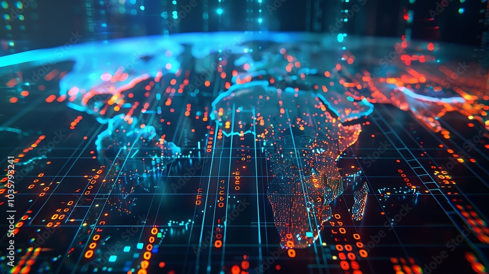 Fototapeta premium A digital representation of a global map with data streams and glowing elements.
