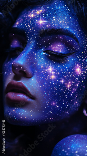 woman cosmic galaxy makeup, stars and moon, Halloween, esotericism astrology tarot divination. Banner copy space photo