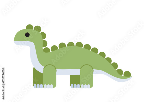 Plush toy concept. Green tall dinosaur. Cute teddy dino. Pretty soft animal for children. Fun and love. Template and layout. Flat vector illustration