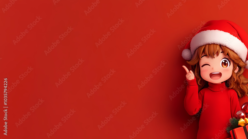 A charming character adorned in a cozy red outfit and Santa hat radiating festive joy and excitement during the holiday season. Perfect for capturing the essence of Christmas spirit and cheer A charming character adorned in a cozy red outfit and Santa hat radiating festive joy and excitement during the holiday season. Perfect for capturing the essence of Christmas spirit and cheer