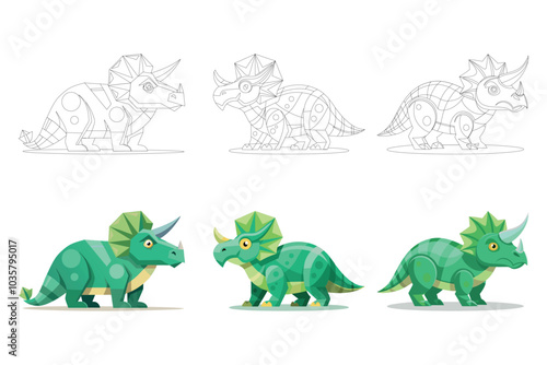 Step-by-Step Triceratops Cartoon Illustration in Vector Format