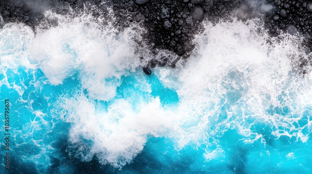 Majestic ocean waves crashing against rocky shoreline in vibrant blue and white tones Majestic ocean waves crashing against rocky shoreline in vibrant blue and white tones