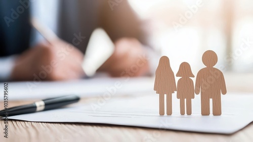 Paper figures representing a family on desk, symbolizing family support and legal matters.