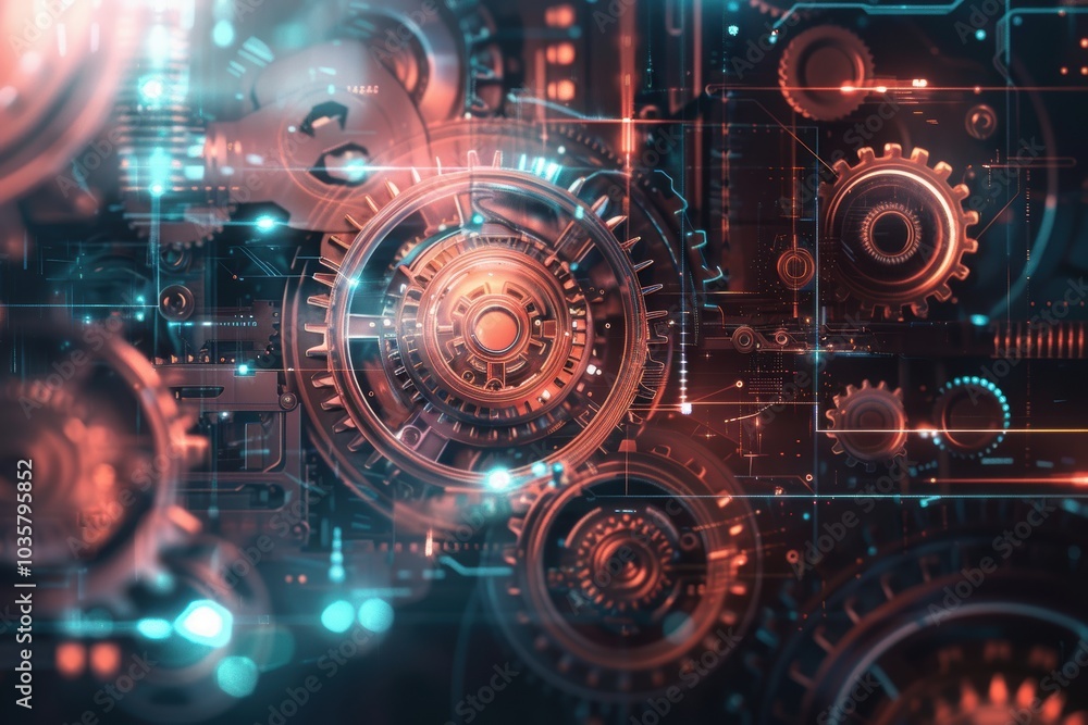 Obraz premium Neon-Illuminated Abstract Mechanical Background with Gears and Sprockets for Tech Designs