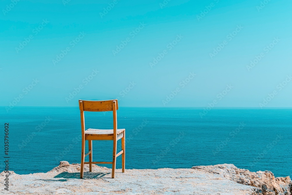 A solitary wooden chair overlooking a vast expanse of blue ocean A solitary wooden chair overlooking a vast expanse of blue ocean