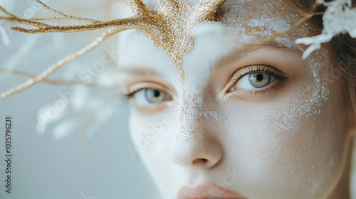 woman with mystical deer makeup, doe, forest fairy, nymph, mermaid, antlers. Banner with copy space