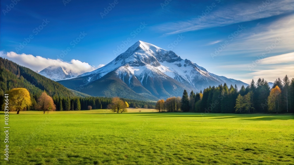 Wide meadow under snow-covered mountain, winter, landscape, scenic, snow, mountain, cold, wilderness, serene, panoramic Wide meadow under snow-covered mountain, winter, landscape, scenic, snow, mountain, cold, wilderness, serene, panoramic