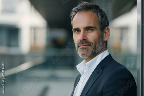 Confident businessman leaning against office building window looking at camera