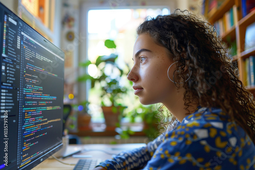 Young woman programming on computer concentrating on screen at home office photo