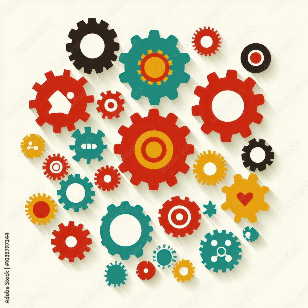 Colorful gears and cogs representing mechanisms innovation and industrial design elements in a dynamic composition