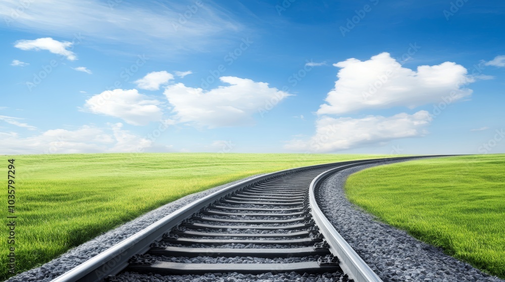 A serene landscape featuring a winding railway track under a clear blue sky, bordered by lush green fields, evoking a sense of journey and tranquility. A serene landscape featuring a winding railway track under a clear blue sky, bordered by lush green fields, evoking a sense of journey and tranquility.