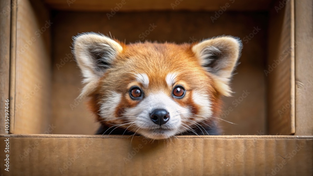 Obraz premium Redpanda peeking out of a cardboard box , red panda, cute, animal, curious, peeking, cardboard box, wildlife, adorable