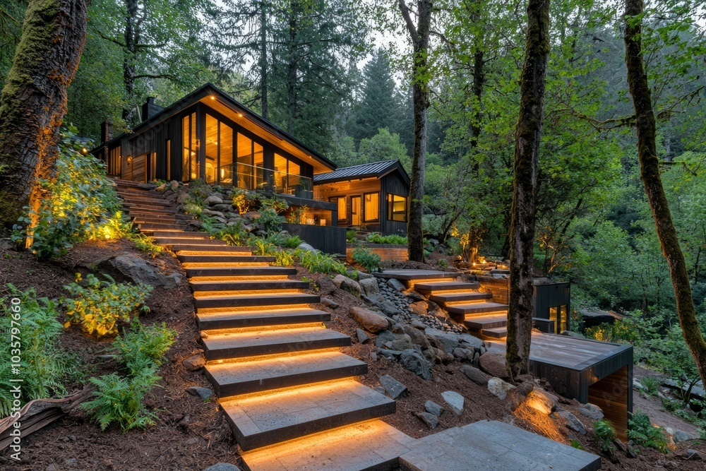 Illuminated Stone Steps Leading to a Modern Cabin in a Forest Setting