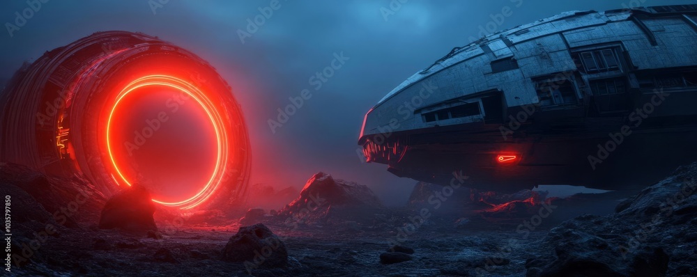 Alien spaceship, wreckage, eerie silence, neon remnants Alien spaceship, wreckage, eerie silence, neon remnants