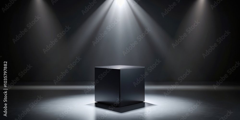 Elegant black cube stand for product placement mockup with dark podium exhibition scene background and spot light, elegant Elegant black cube stand for product placement mockup with dark podium exhibition scene background and spot light, elegant