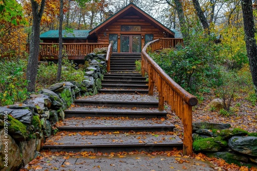 Wooden Stairs Leading to a Log Cabin in Autumn Woods