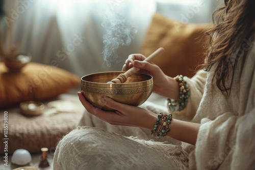 Woman is practicing meditation with tibetan singing bowl in yoga studio photo