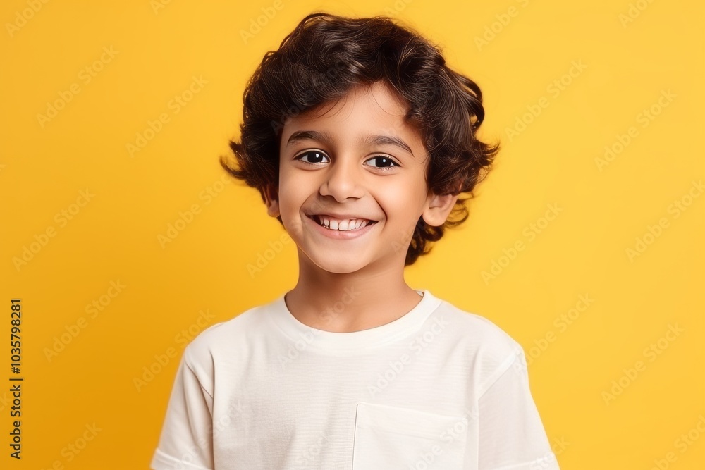 Portrait of a cute little boy with curly hair over yellow background Portrait of a cute little boy with curly hair over yellow background